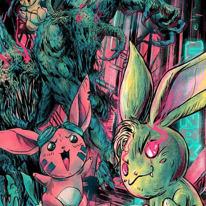 Rabbit Junk illustrated artwork: two cyberpunk bunnies and a monster